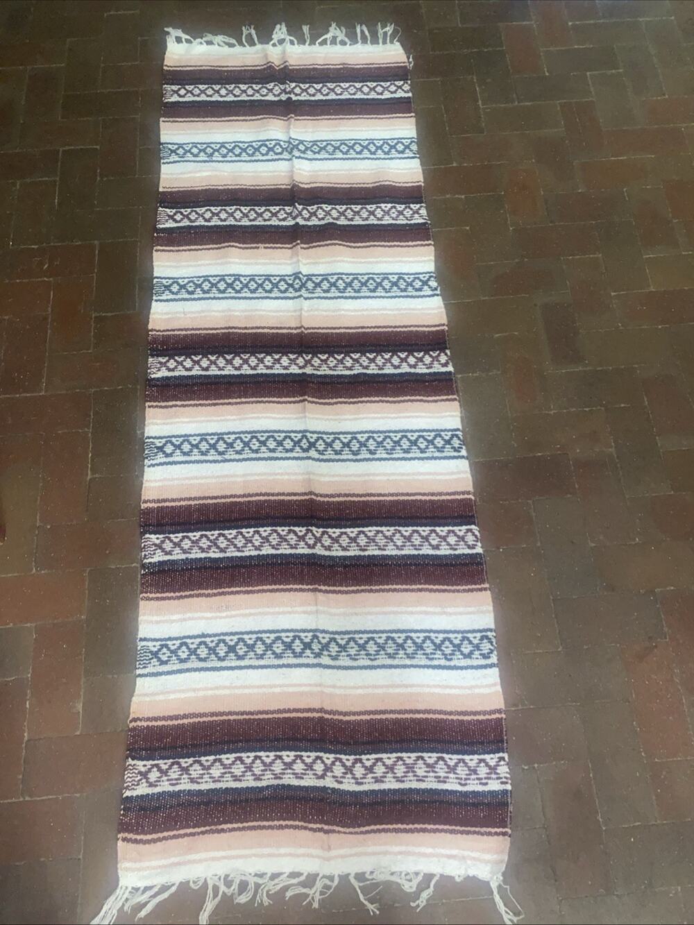 Vel-Mex Red Pink White Stripe Western Boho Blanket Runner Falsa Fringed 78”X 25”